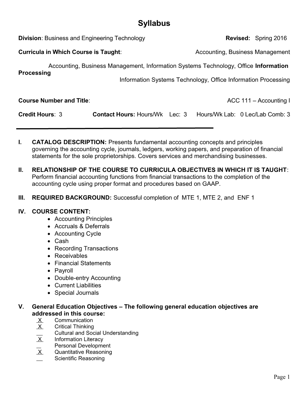 Division:Business and Engineering Technologyrevised: Spring 2016