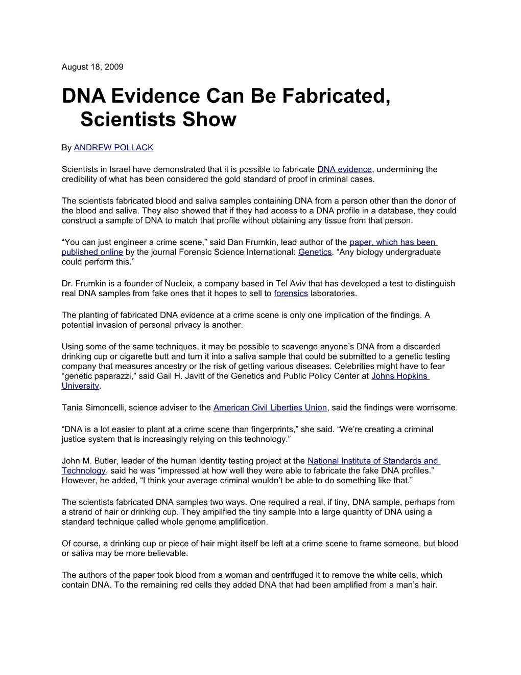 DNA Evidence Can Be Fabricated, Scientists Show