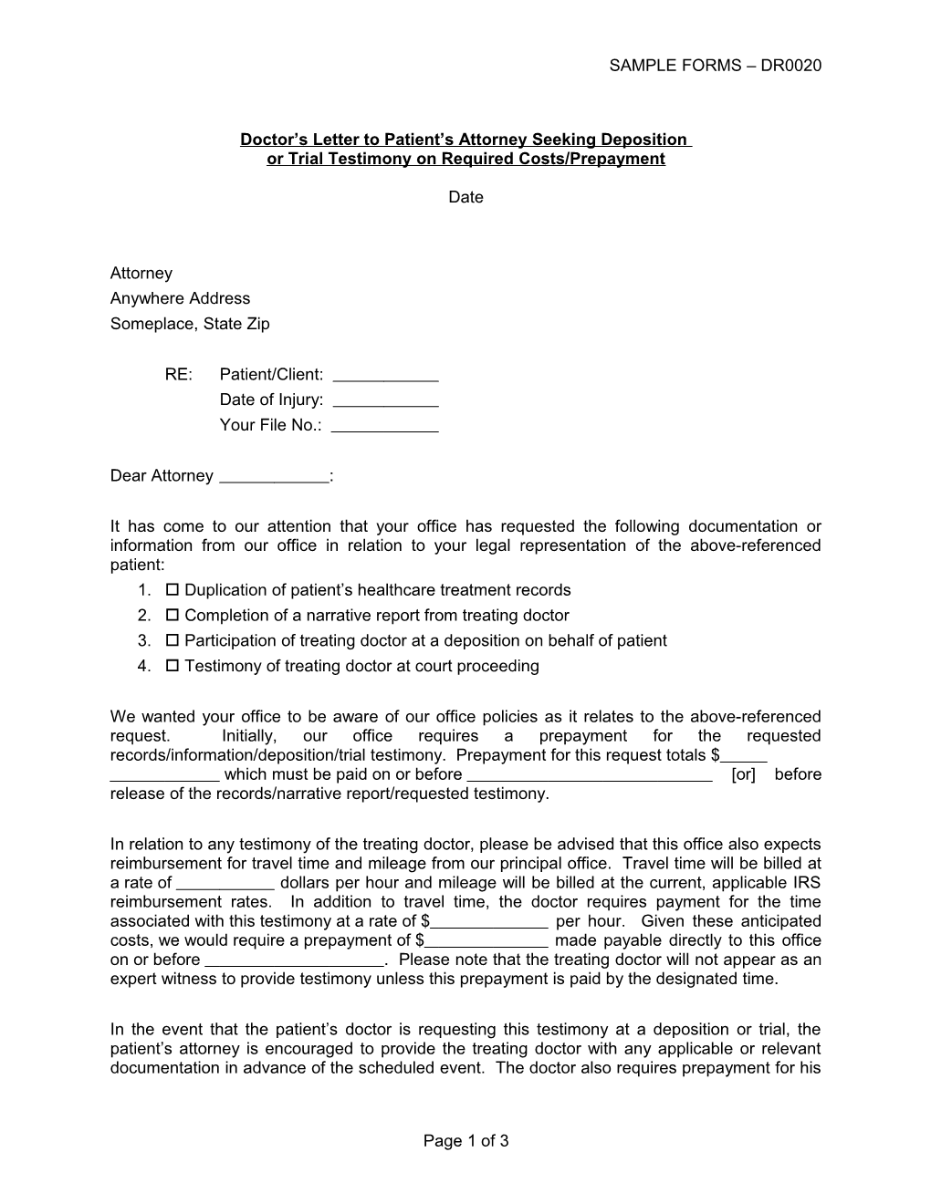 Doctor S Letter to Patient S Attorney Seeking Deposition