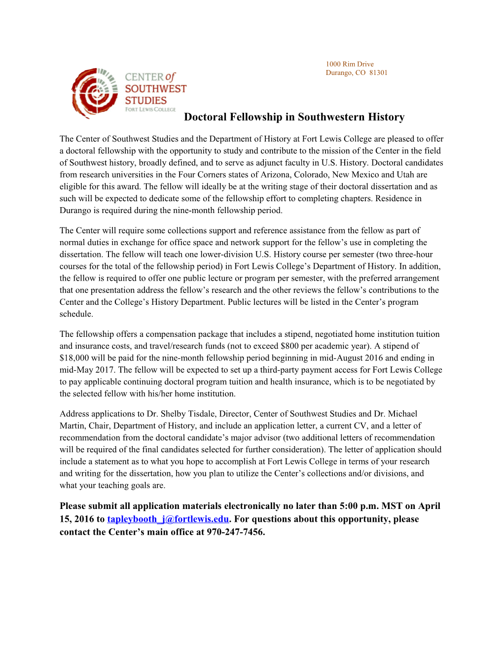 Doctoral Fellowship in Southwestern History