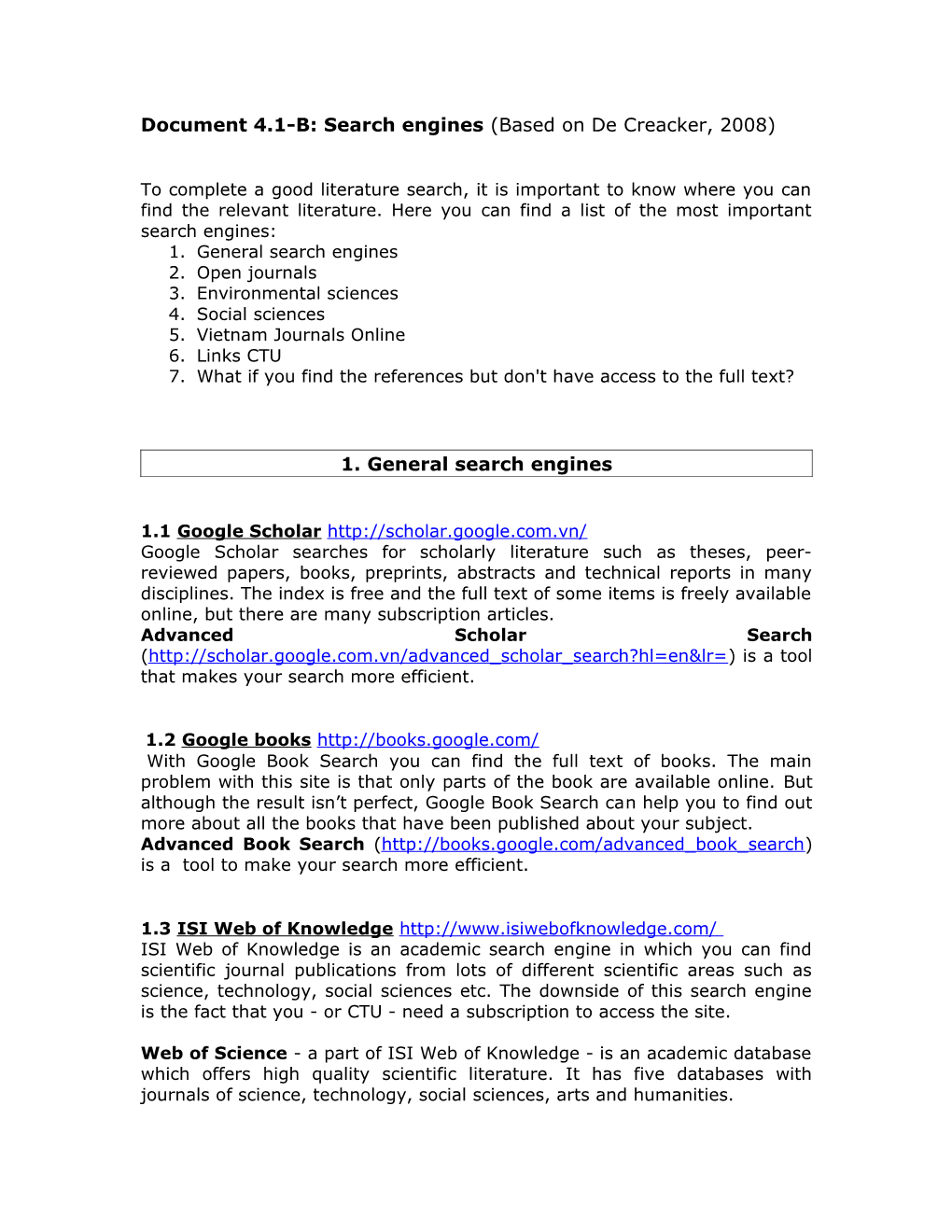 Document 4.1-B: Search Engines (Based on De Creacker, 2008)