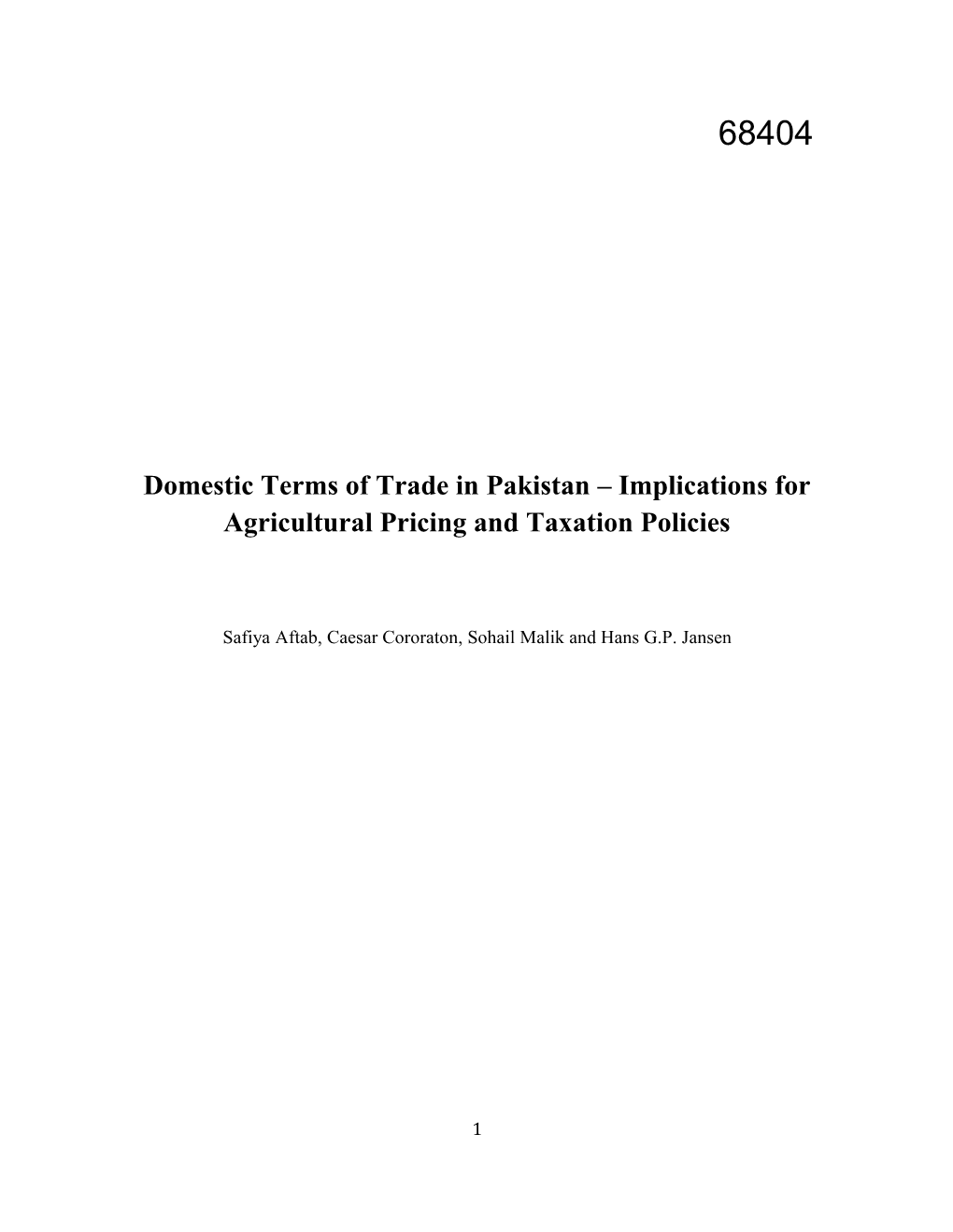 Domestic Terms of Trade in Pakistan Implications for Agricultural Pricing and Taxation