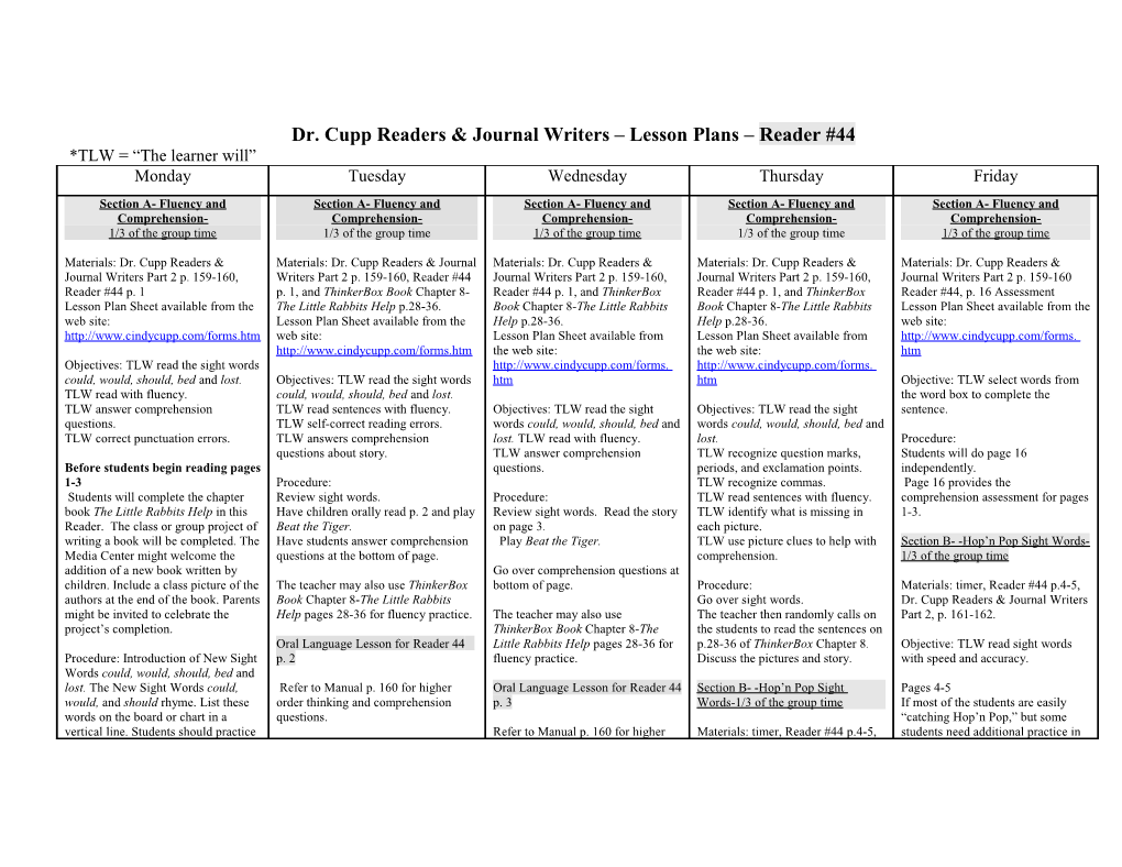 Dr. Cupp Readers & Journal Writers Lesson Plans Reader #44