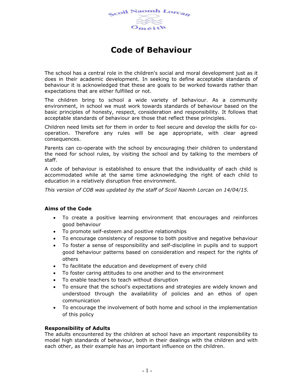 Draft Code of Behaviour