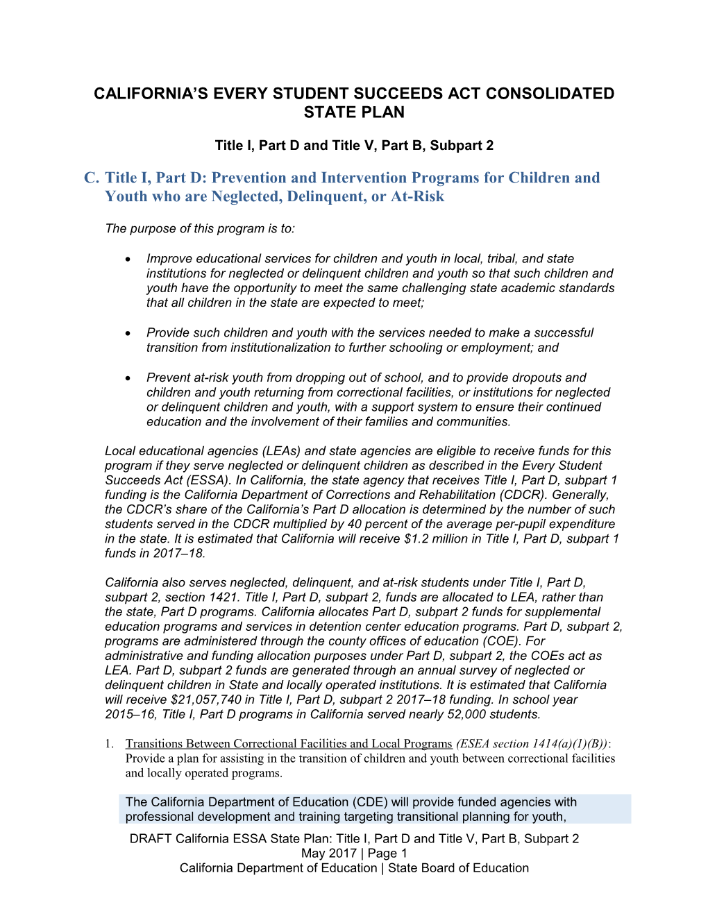 Draft ESSA State Plan Title I, Part D & Title V, Part B - ESSA (CA Dept of Education)