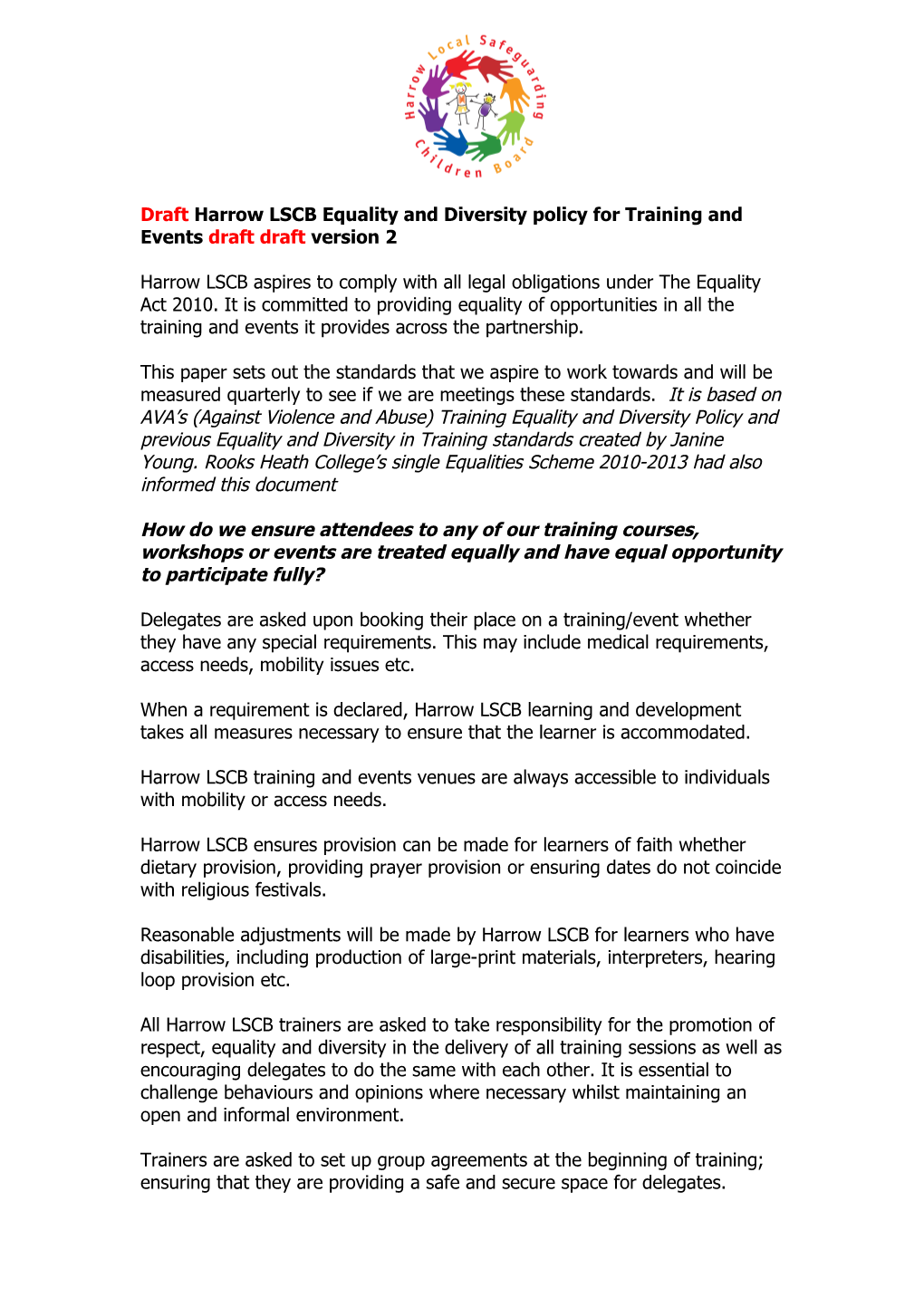 Draft Harrow LSCB Equality and Diversity Policy for Training and Eventsdraft Draftversion 2
