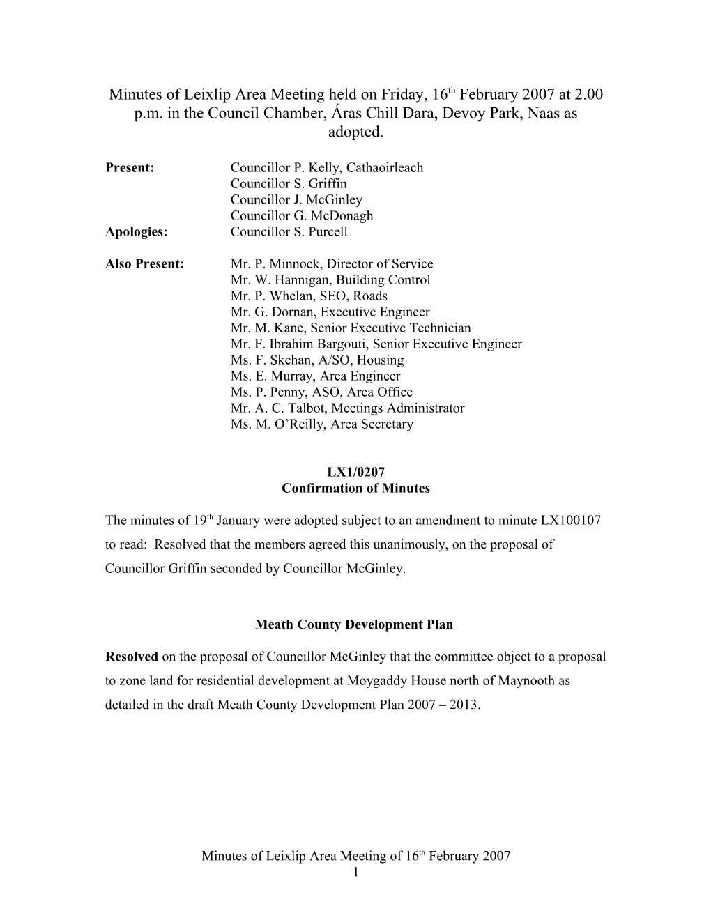 Draft Minutes of Leixlip Area Meeting Held on Friday, 17Th November 2006 at 2