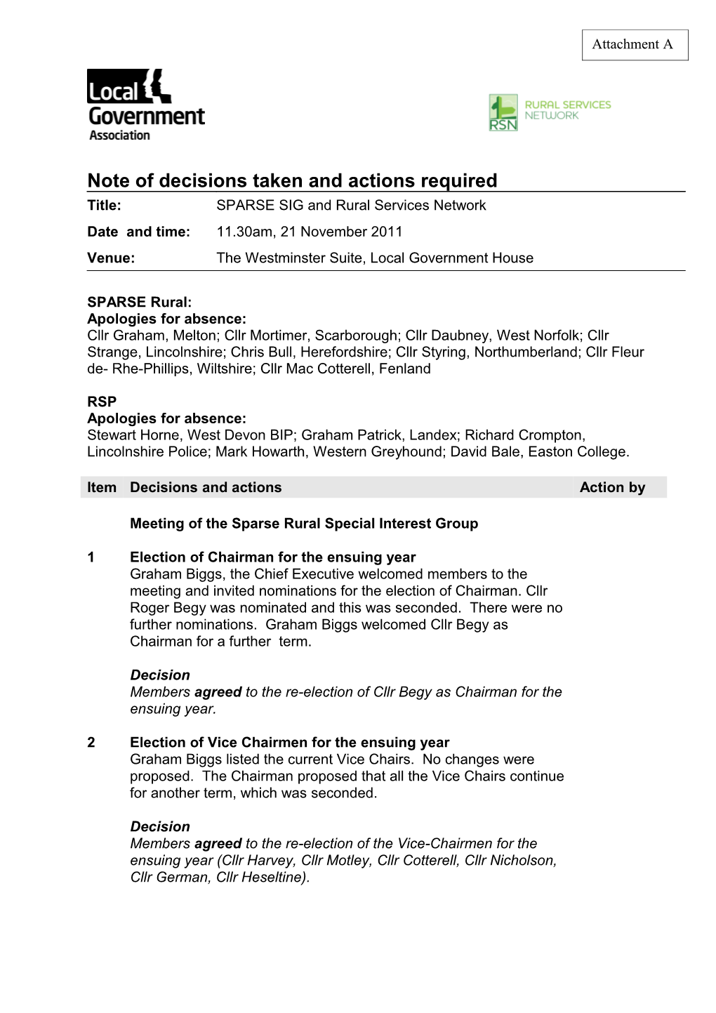 DRAFT Note of Decisions Taken and Action Required