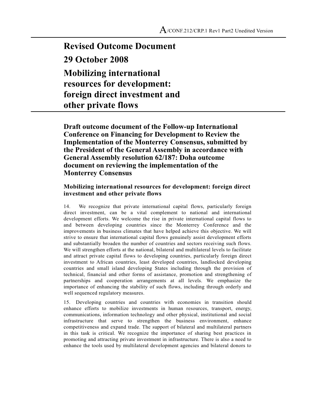 Draft Outcome Document of the Follow-Up International Conference on Financing for Development