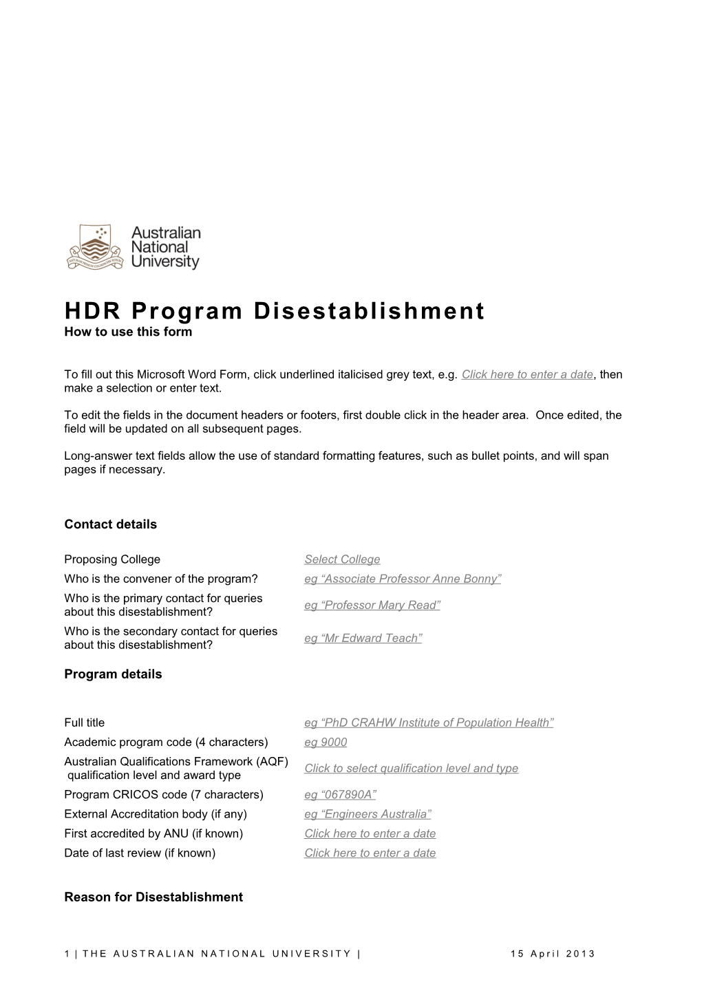 Draft Program/Plan Disestablishment Proforma