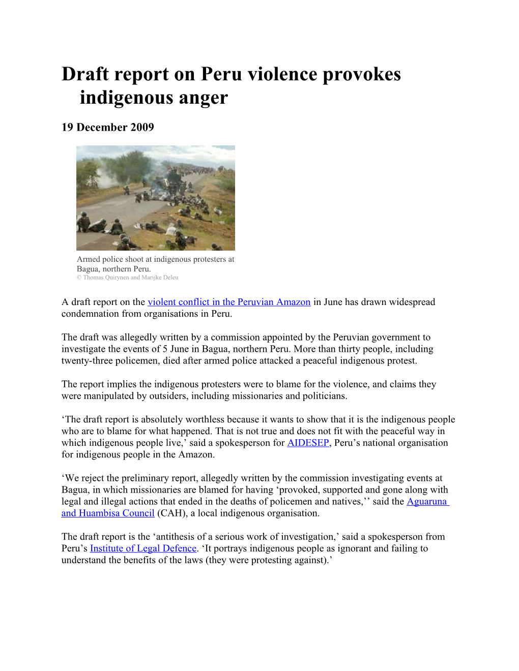 Draft Report on Peru Violence Provokes Indigenous Anger