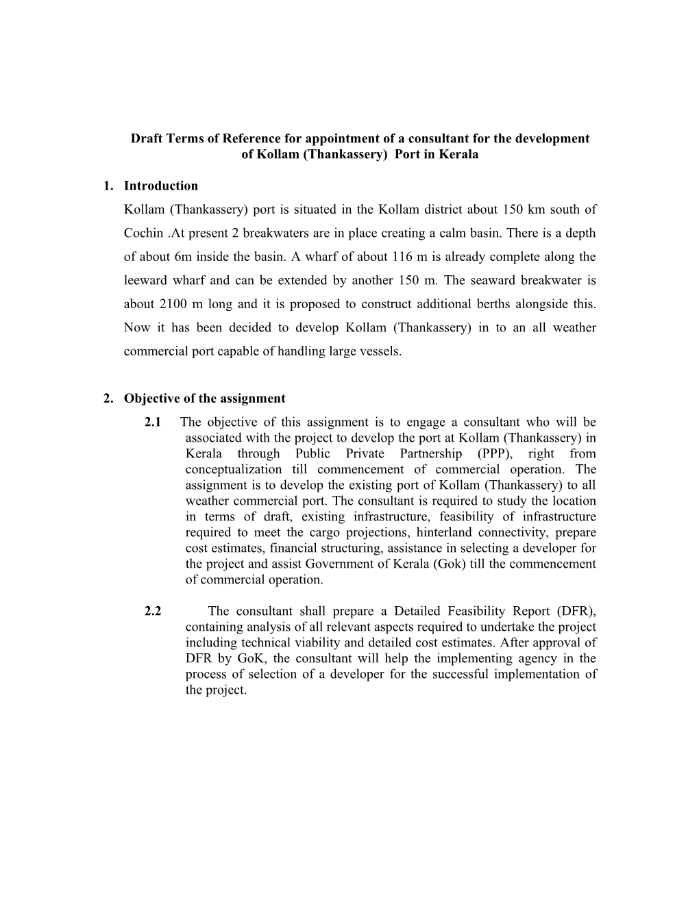 Draft Terms of Reference for Appointment of a Consultant for the Development of Kollam
