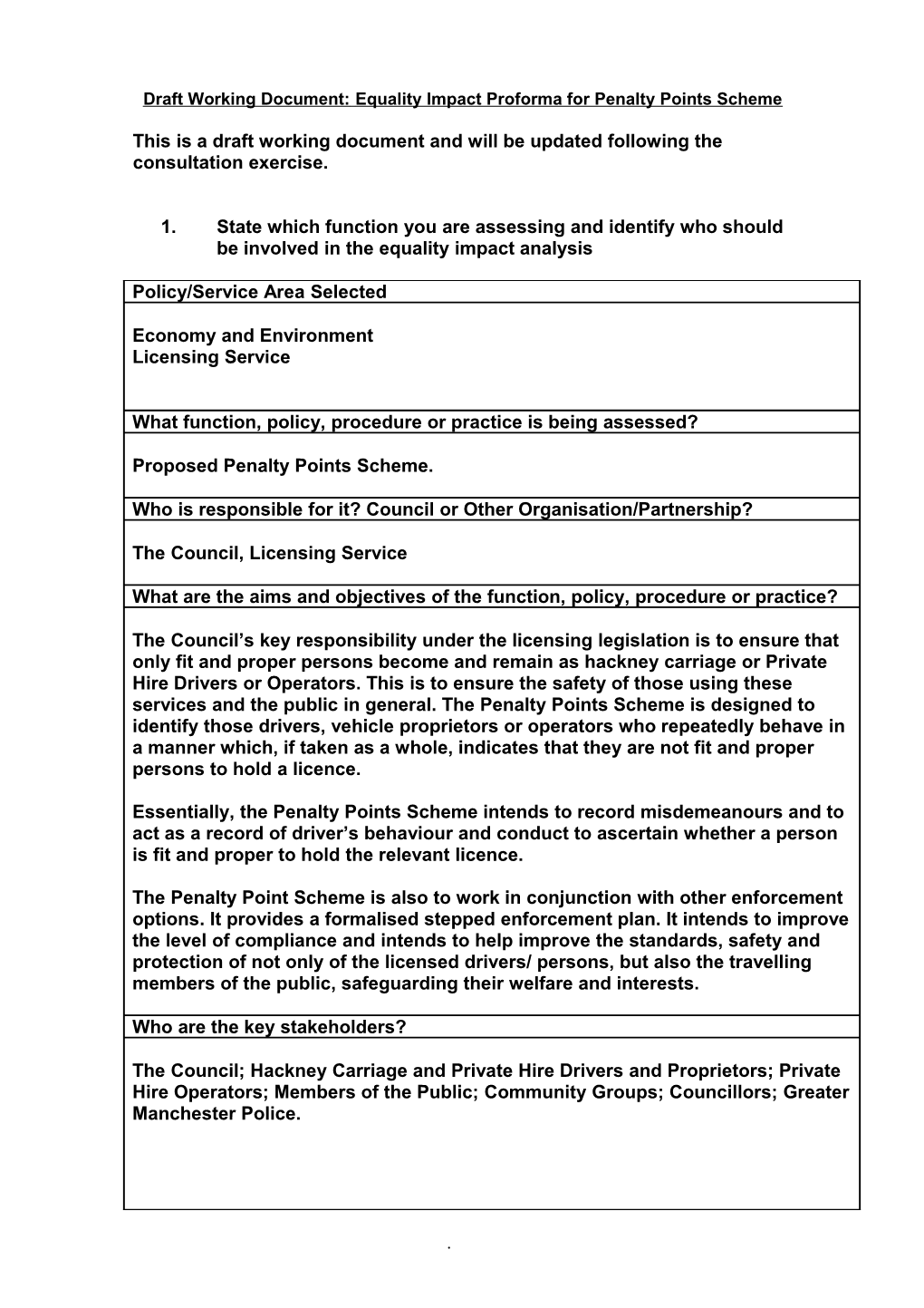 Draft Working Document:Equality Impact Proforma for Penalty Points Scheme