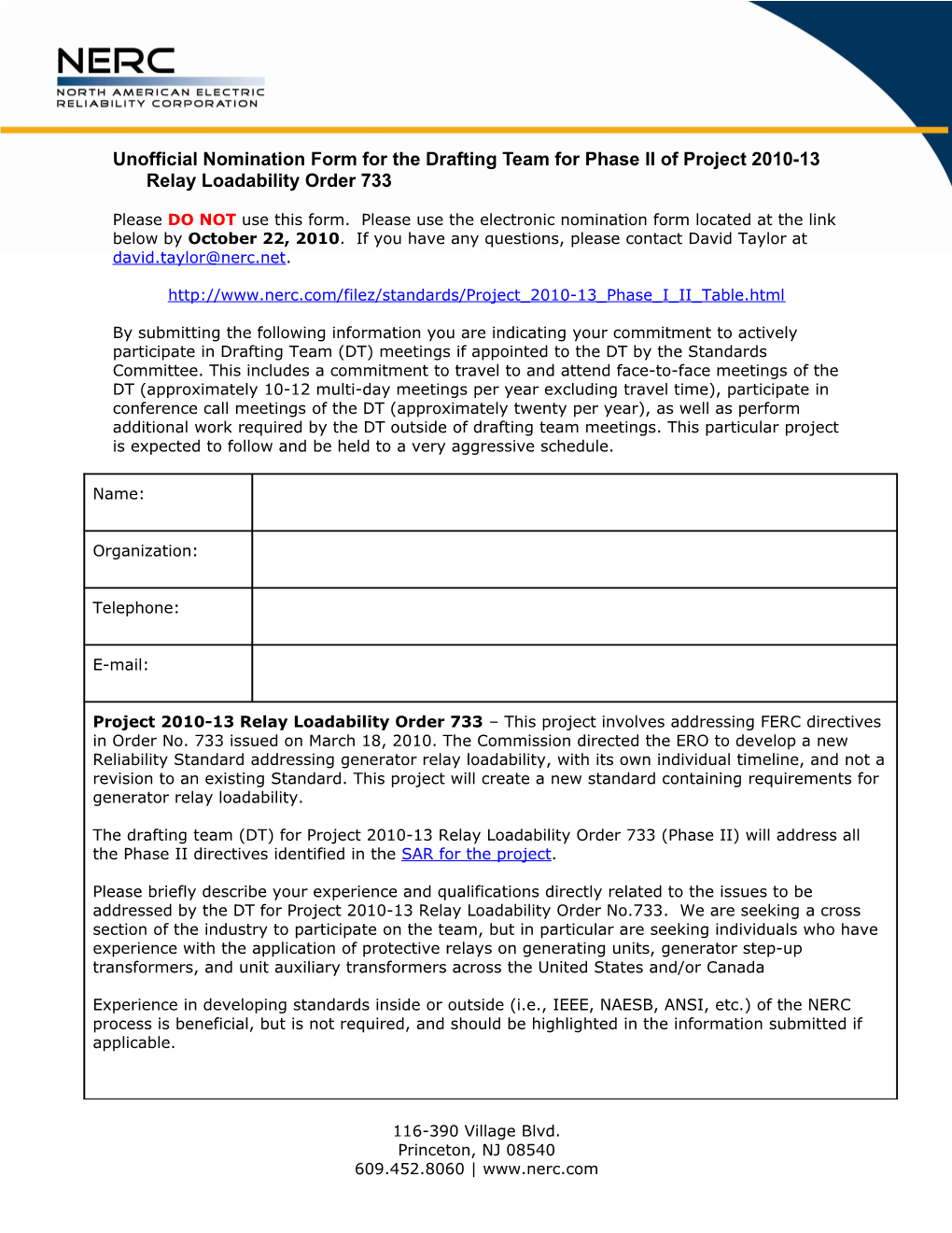 Drafting Team Nomination Form Project 2010-13 Relay Loadability Order - PRC-023