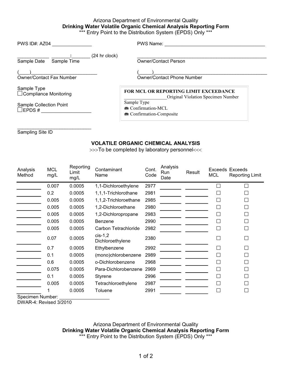 Drinking Water Volatile Organic Chemical Analysis Reporting Form