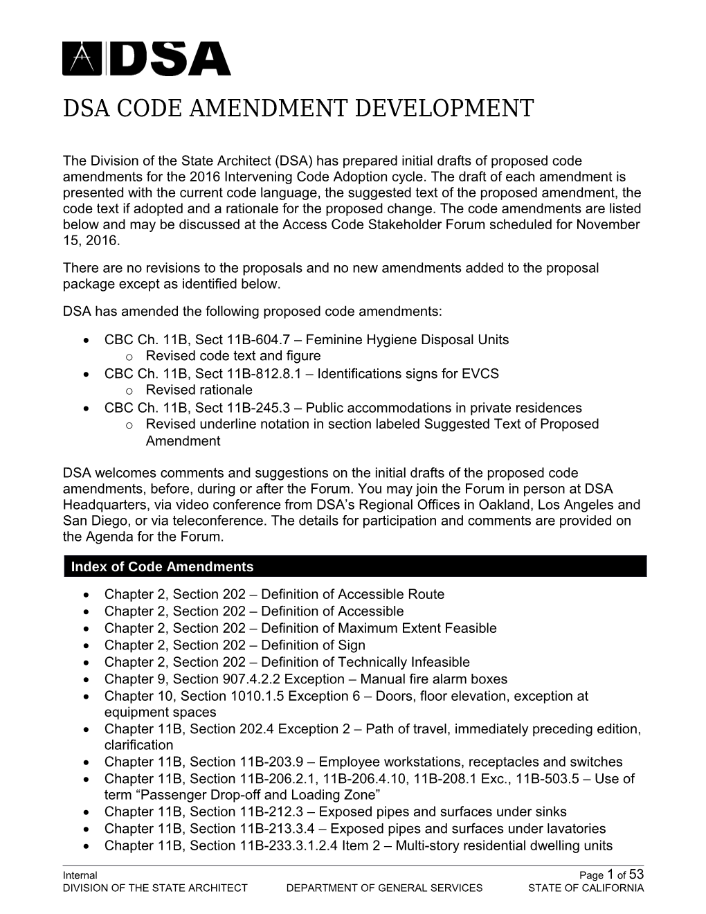 DSA Code Amendment Development, November 15, 2016