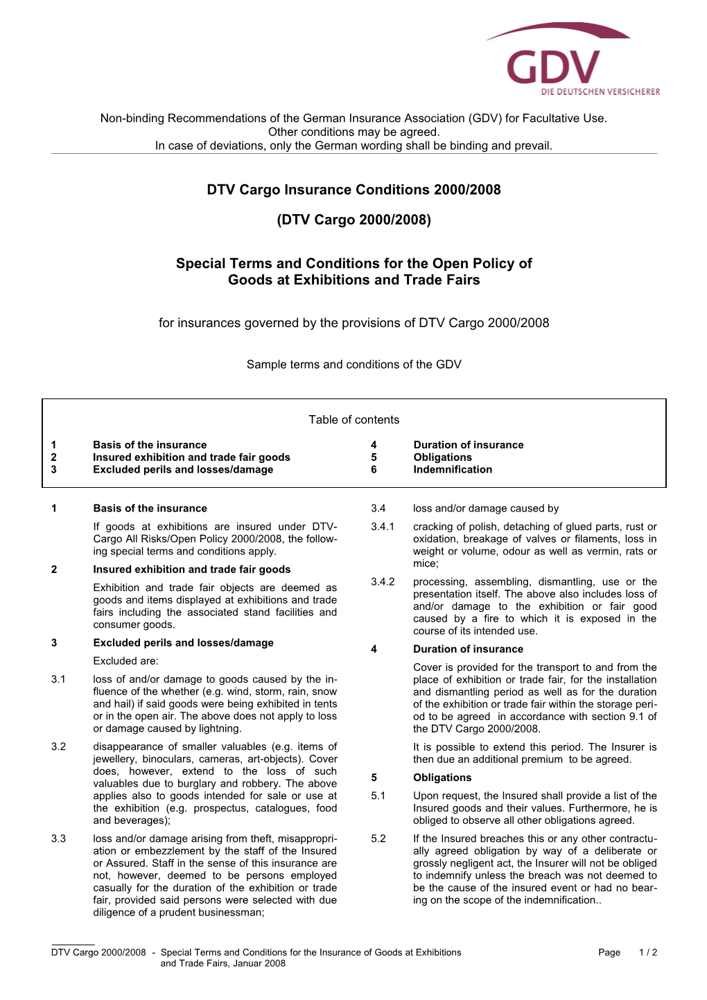 DTV Cargo Insurance Conditions 2000/2008
