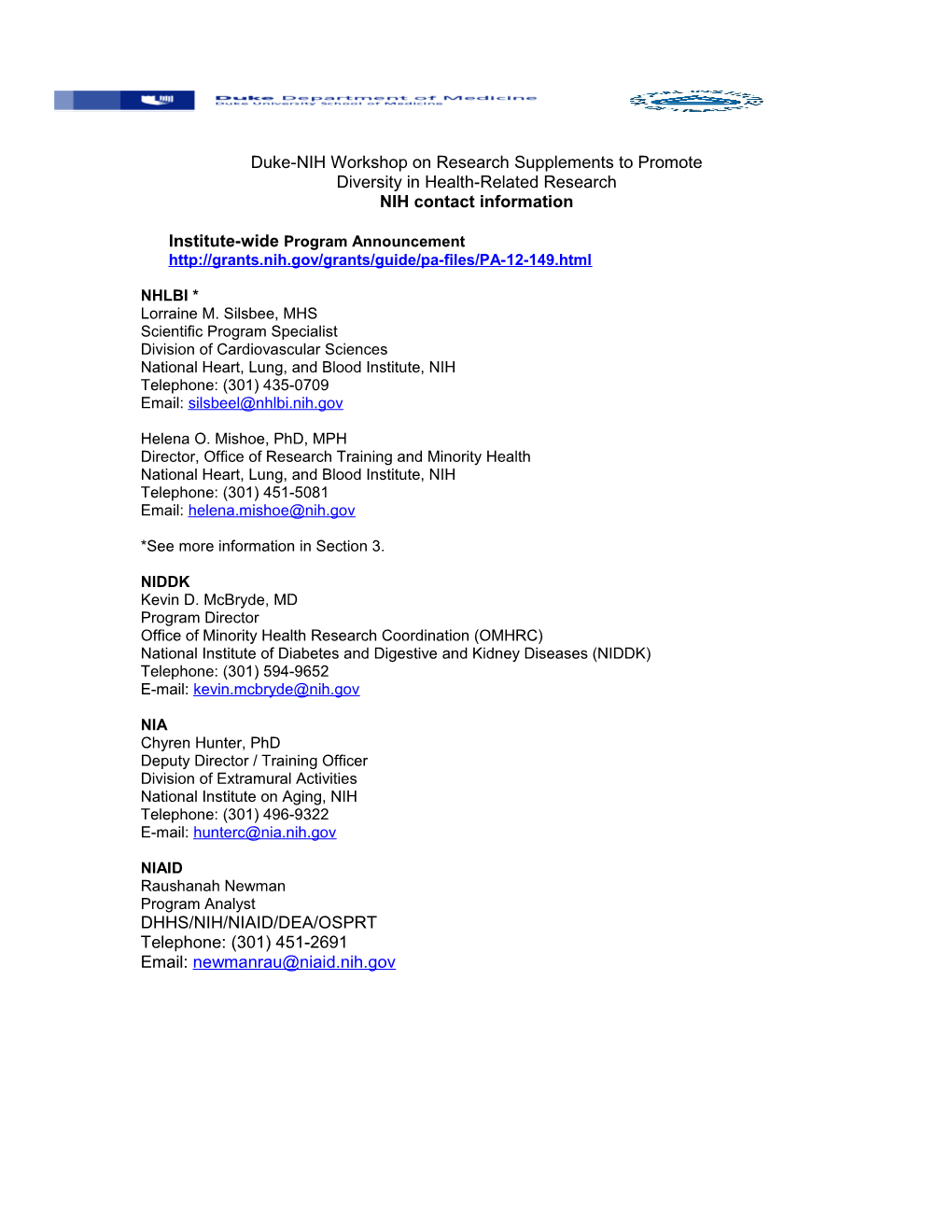 Duke-NIH Workshop on Research Supplements to Promote