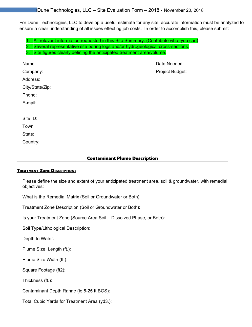 Dune Technologies, LLC Site Evaluation Form - 2014