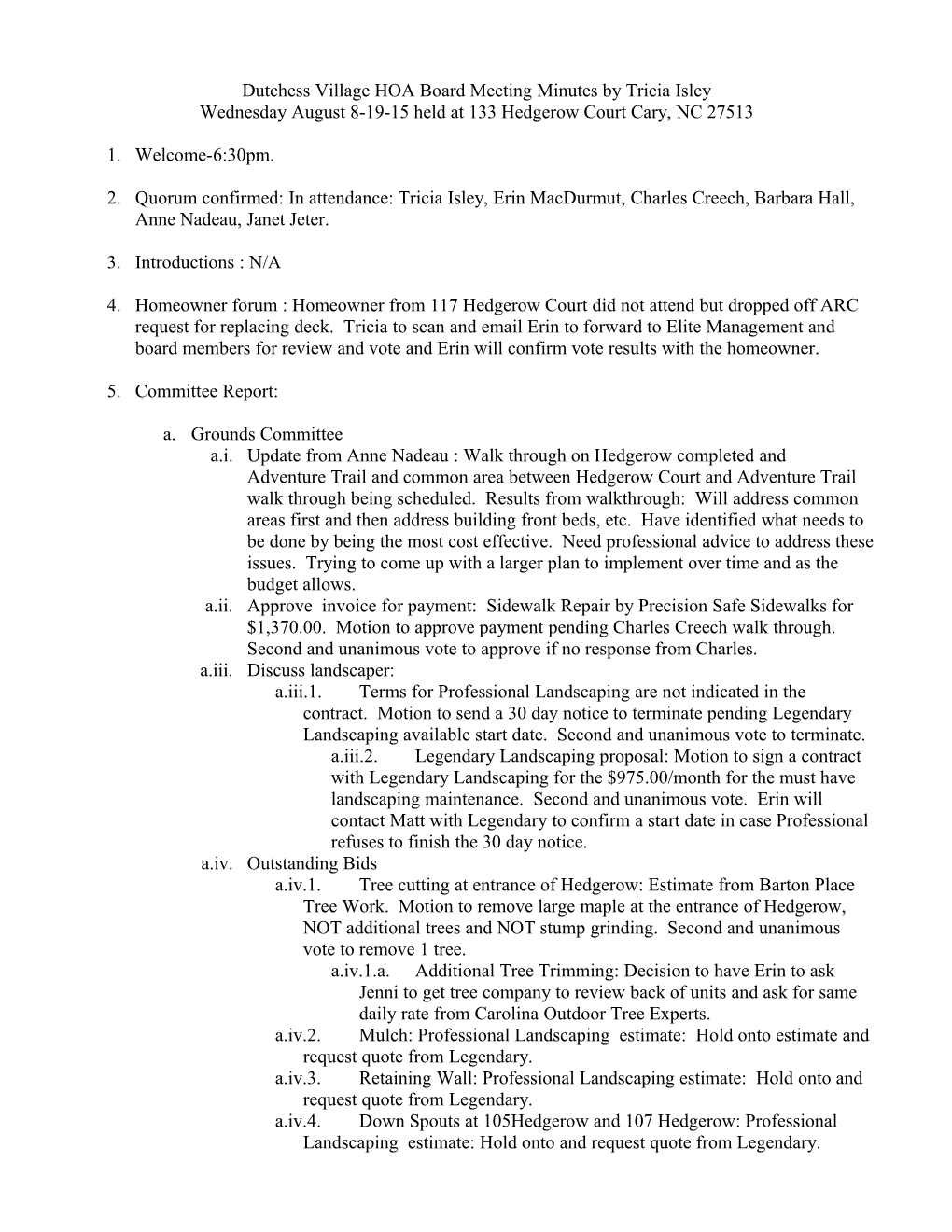 Dutchess Village HOA Board Meeting Minutes by Tricia Isley