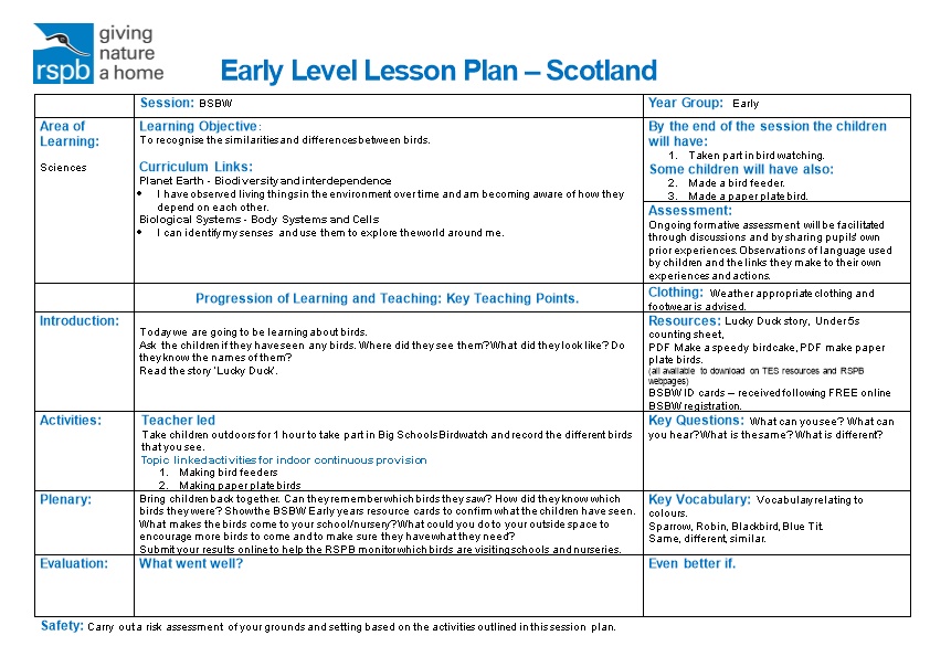 Early Level Lesson Plan Scotland