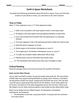 Earth in Space Worksheets