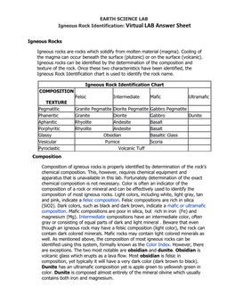 EARTH SCIENCE LAB Igneous Rock Identification: Virtual LAB Answer Sheet