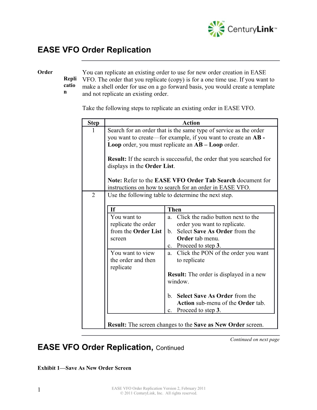 EASE VFO Order Replication