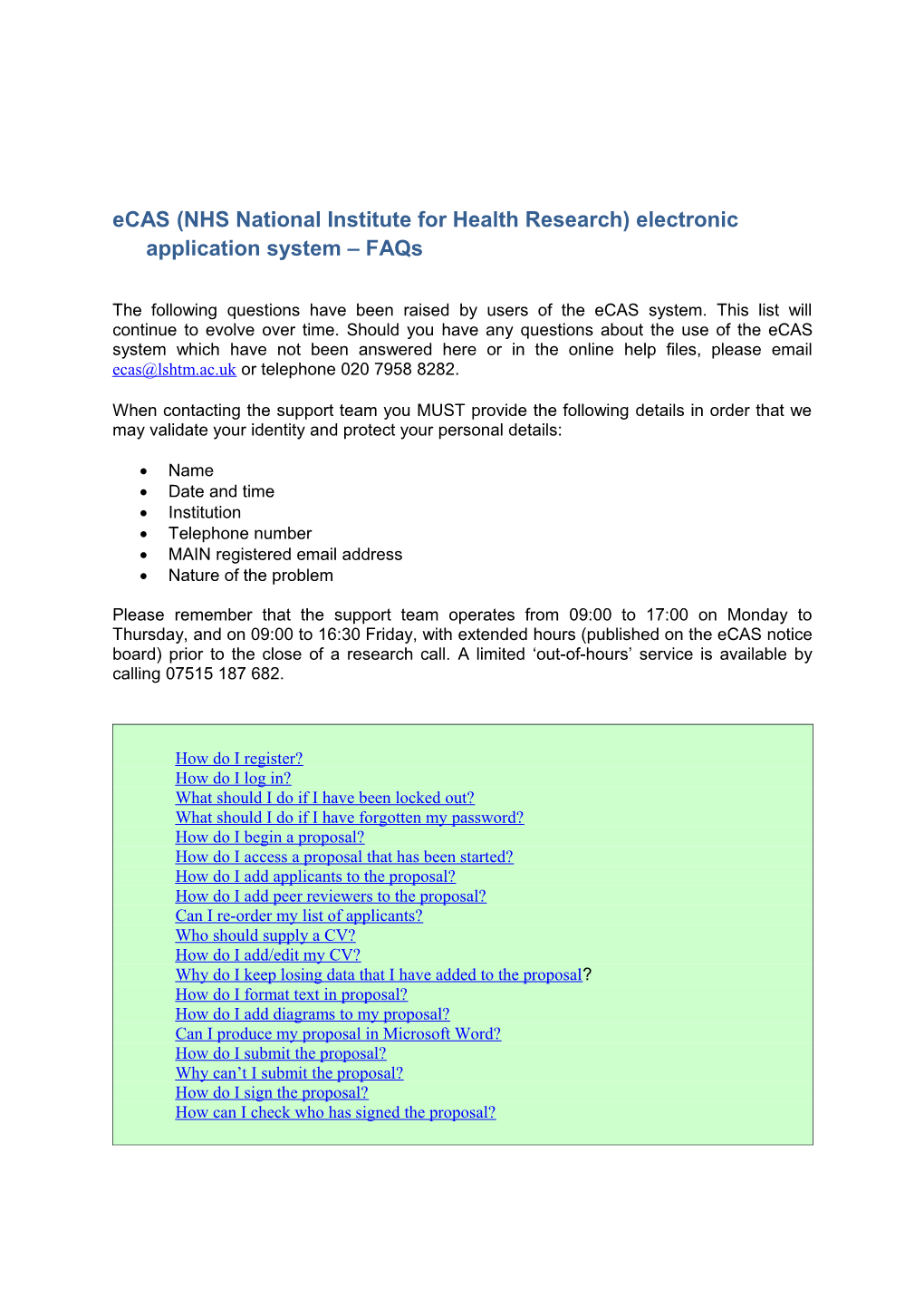 Ecas (NHS National Institute for Health Research) Electronic Application System Faqs
