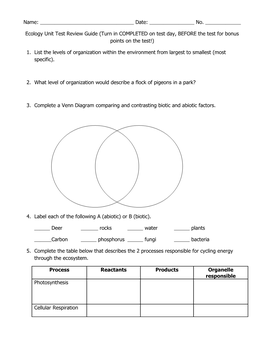 Ecology Unit Test Review Guide (Turn in COMPLETED on Test Day, BEFORE the Test for Bonus