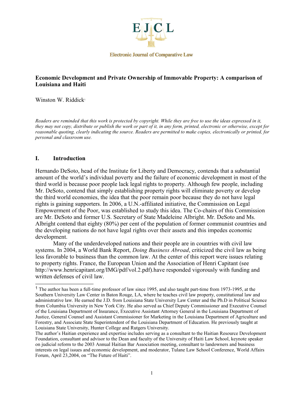 Economic Development and Private Ownership of Immovable Property: a Comparison of Louisiana