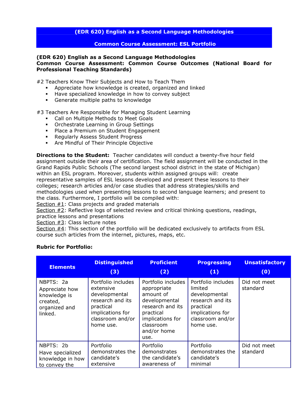 (ED 631) Common Course Assessment: ESL Portfolio