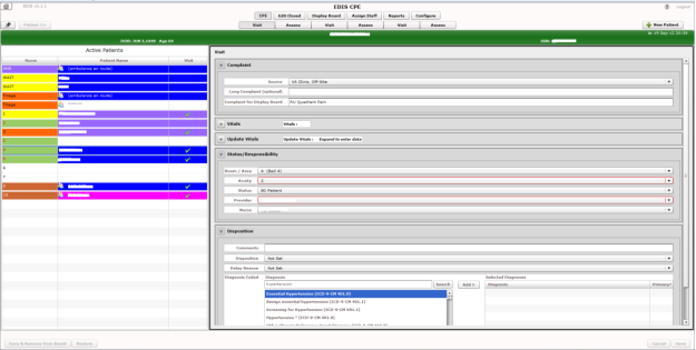 Screenshot depicting EDIS GUI screen The Disposition Pane in the Visit Worksheet View is shown A callout notes that quot If the Time In for the visit encounter is prior to the ICD 10 activation date and the site is configured to require a diagnosis before removing a patient diagnosis must be entered to remove patients from the display board except for patient with the following disposition 1 Patient Name Entered in Error 2 Left Without Being Treated Seen or 3 Sent to Nurse Eval Drop In Clinic quot An additional callout notes that quot If Time In for the visit encounter is prior to the ICD 10 activation date and the end user enters a diagnosis and selects Search the Diagnosis Search List displays ICD 9 CM diagnoses quot