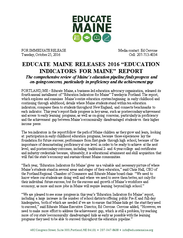 Educate Maine Releases 2016 Education Indicators for Maine Report