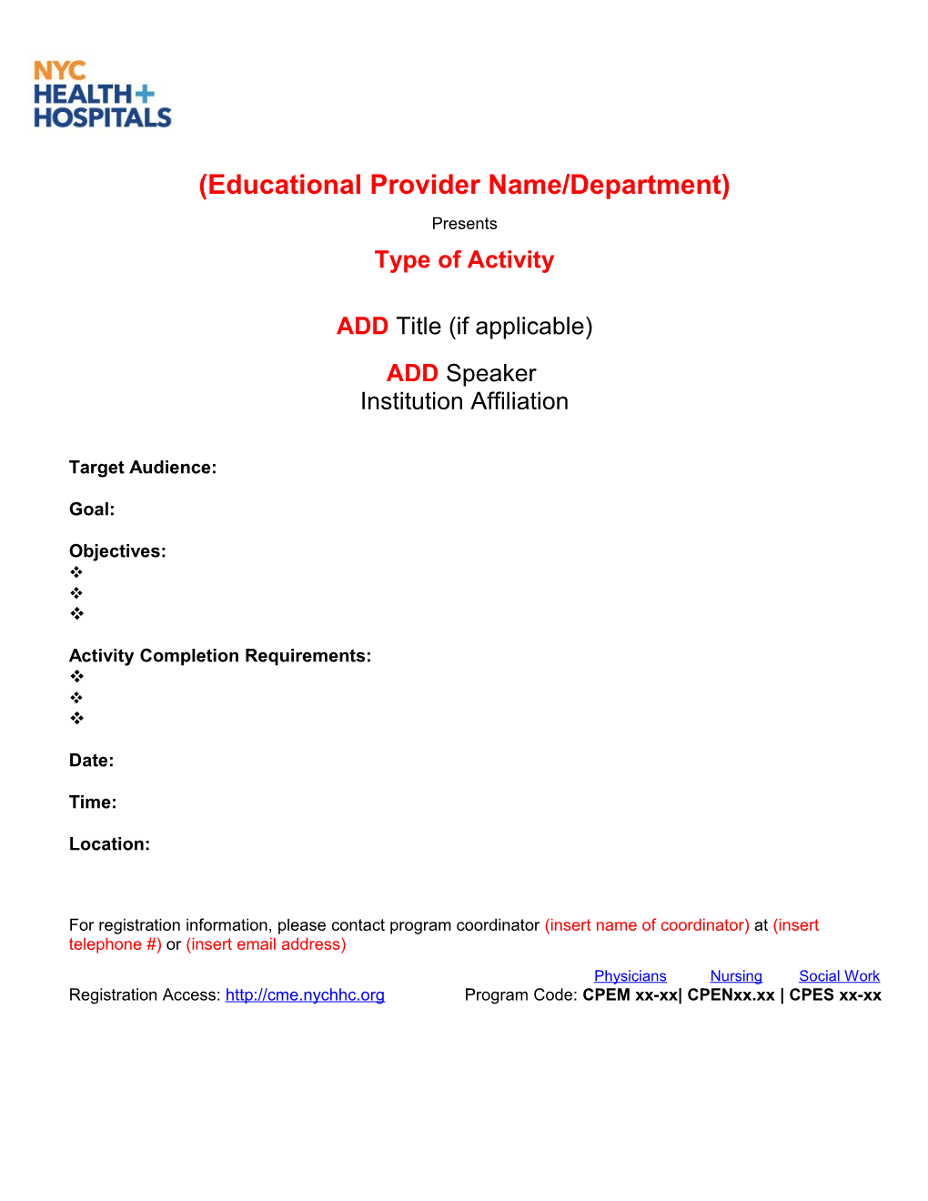 Educational Provider Name/Department