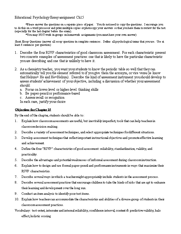 Educational Psychology Essay Assignment Ch1