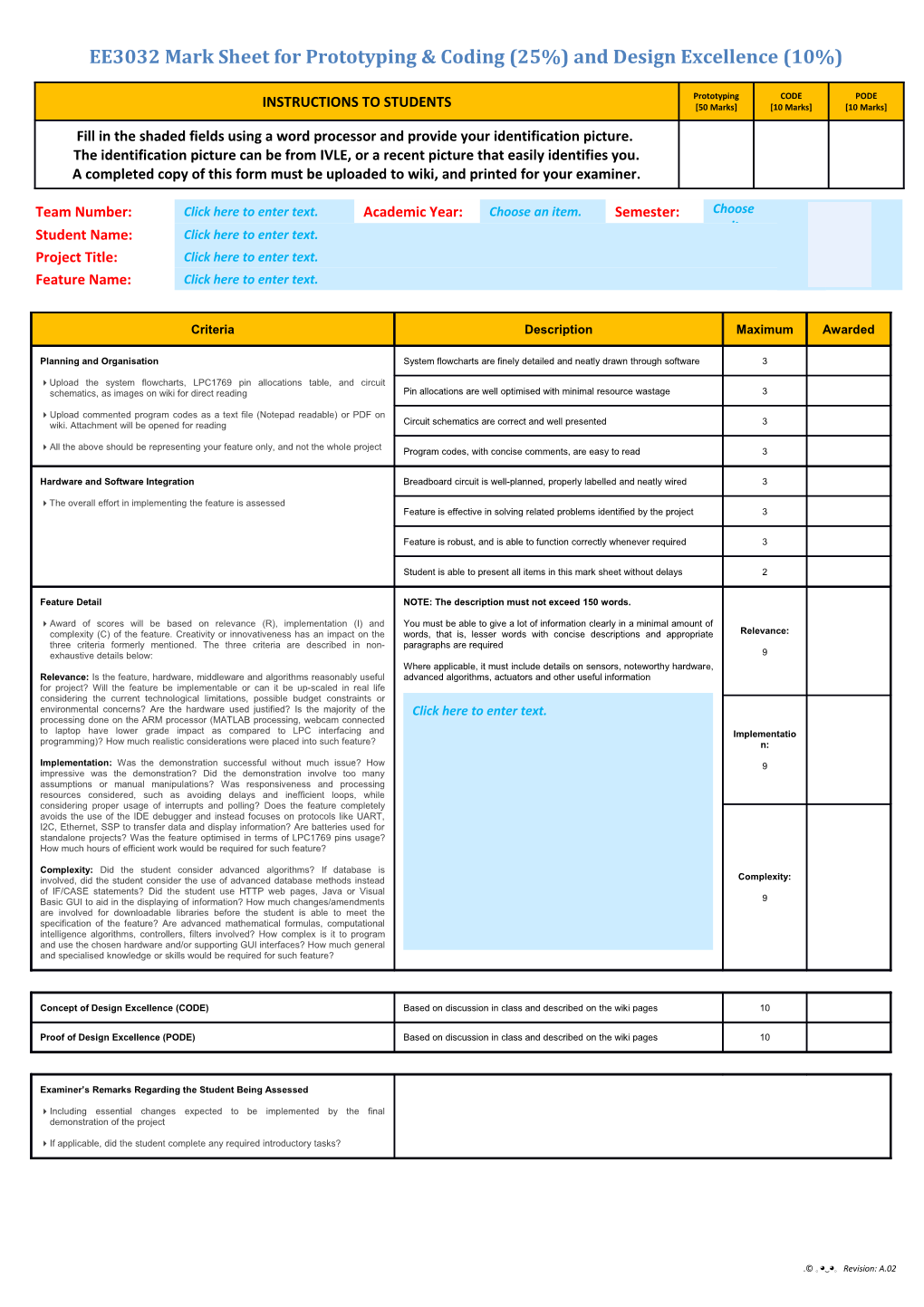 EE3032 Mark Sheet for Prototyping & Coding (25%) and Design Excellence (10%)