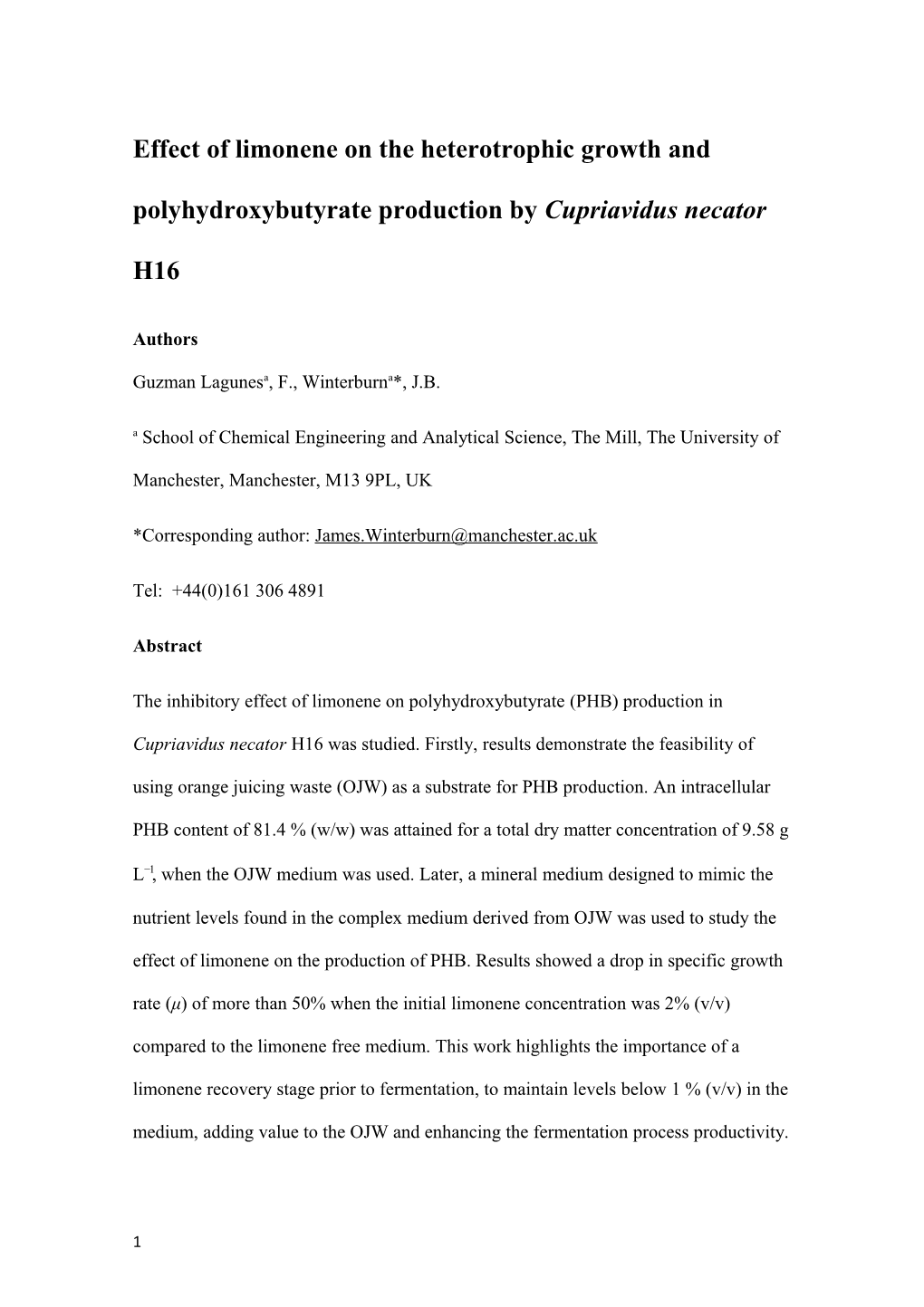 Effect of Limonene on the Heterotrophic Growth and Polyhydroxybutyrate Production By