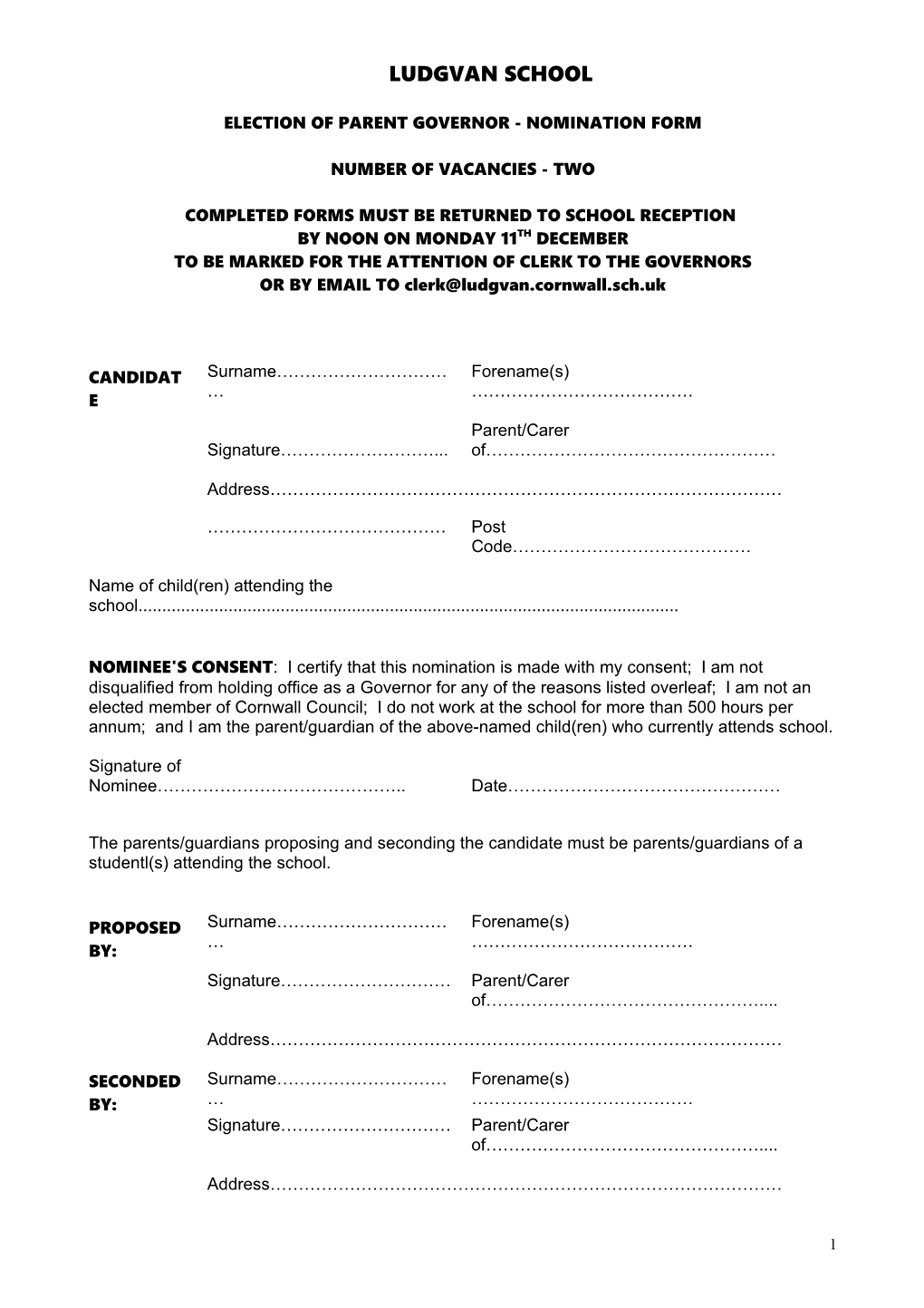Election of Parent Governor - Nomination Form