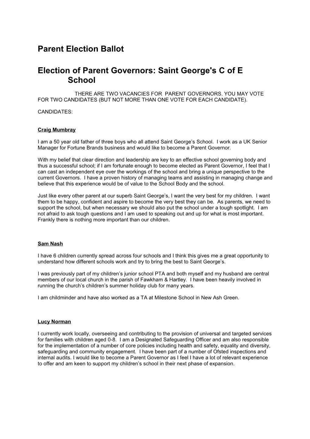 Election of Parent Governors: Saint George's C of E School