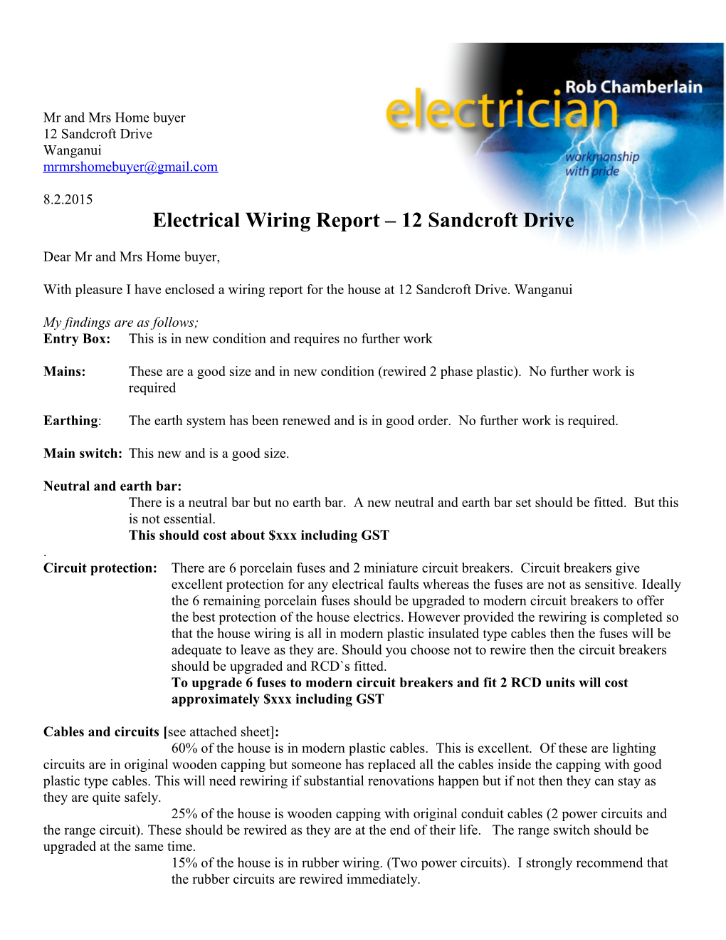 Electrical Wiring Report 12 Sandcroft Drive