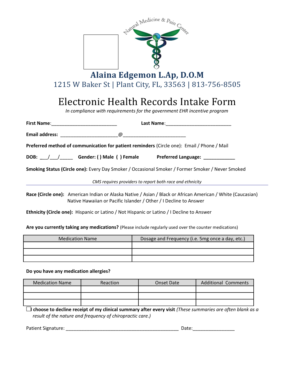 Electronic Health Records Intake Form