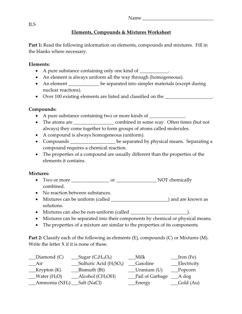 Elements, Compounds & Mixtures Worksheet
