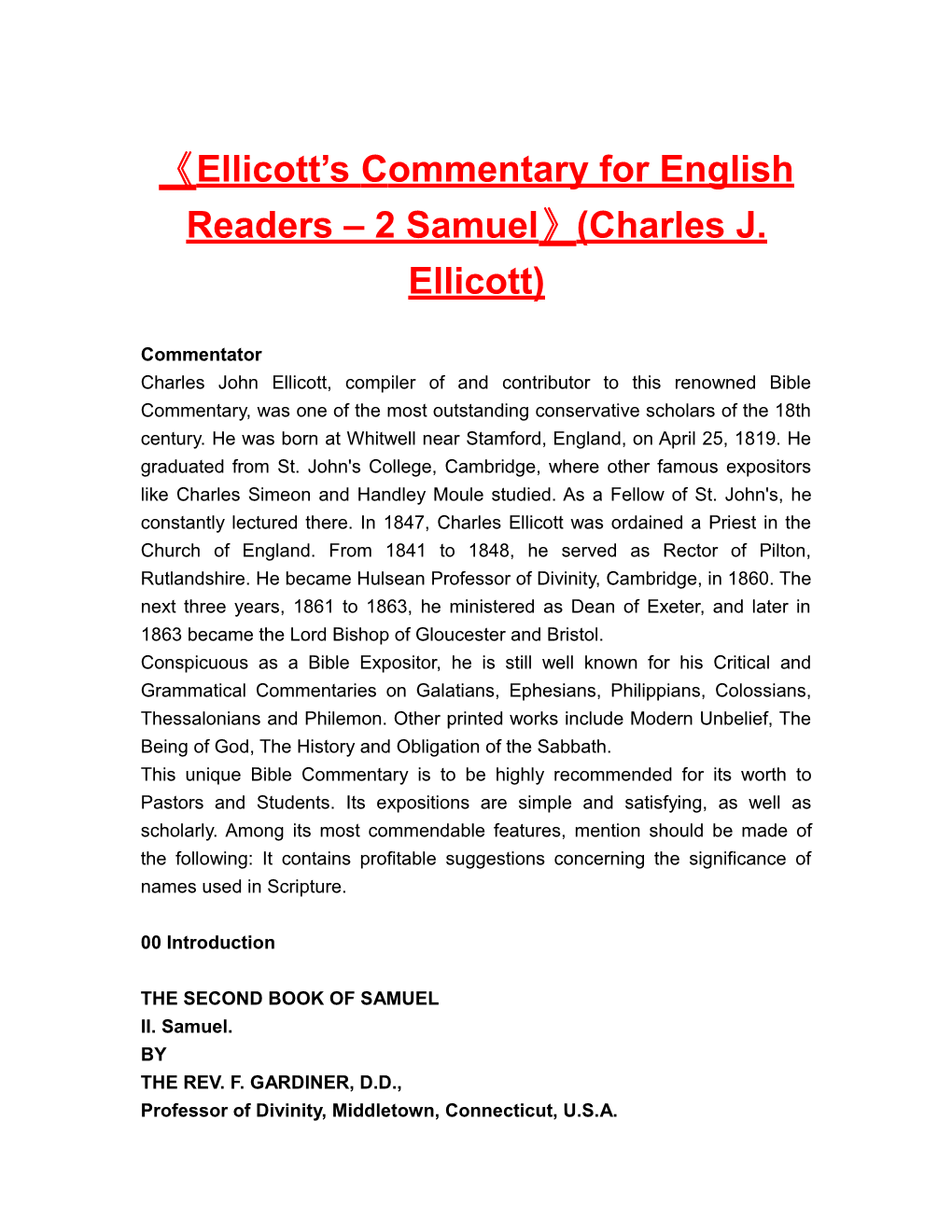 Ellicott Scommentary for English Readers 2 Samuel (Charles J. Ellicott)
