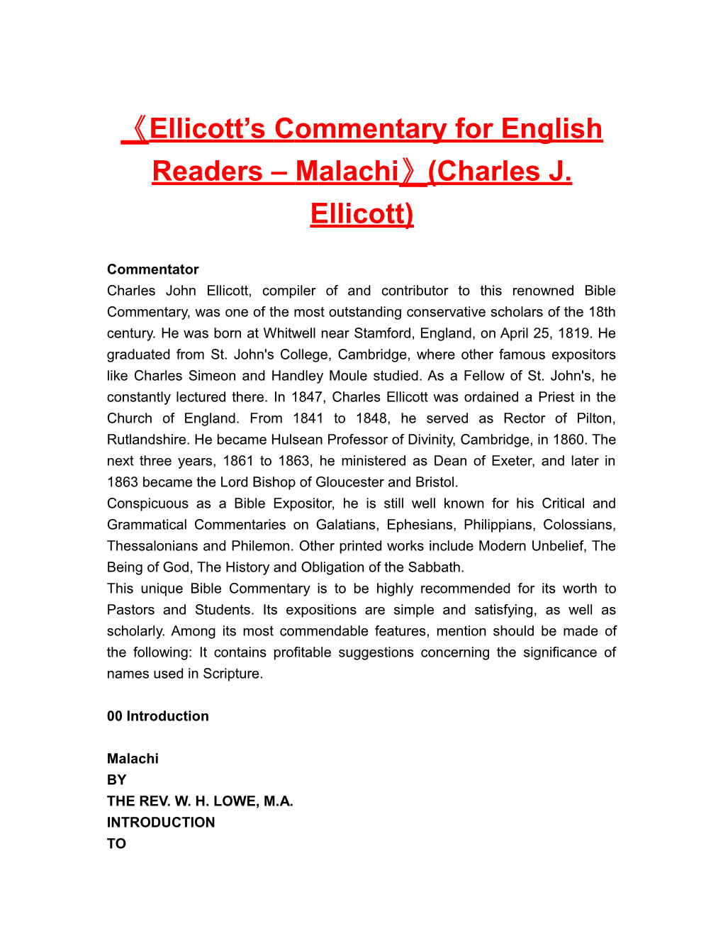 Ellicott Scommentary for English Readers Malachi (Charles J. Ellicott)