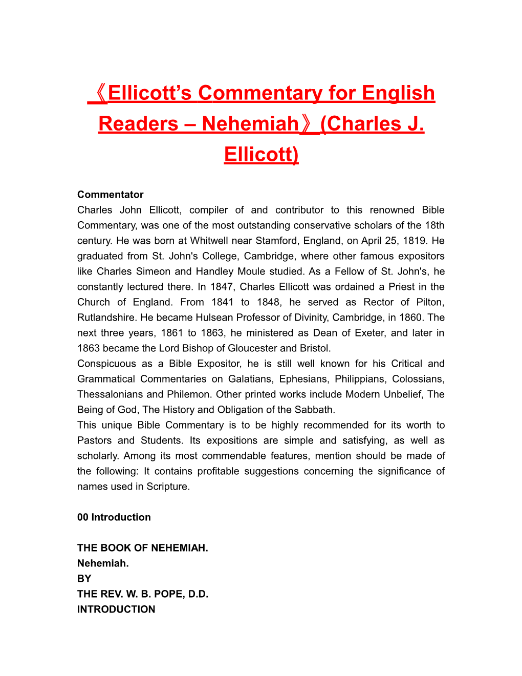 Ellicott Scommentary for English Readers Nehemiah (Charles J. Ellicott)