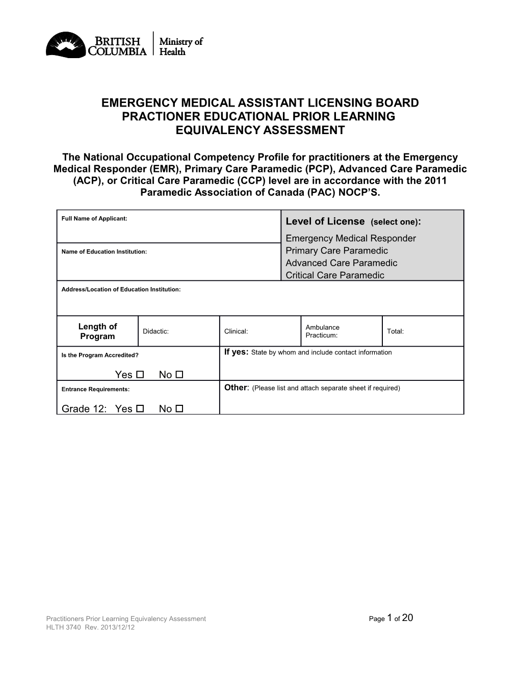 Emergency Medical Assistant Licensing Board Practioner Educational Prior Learning