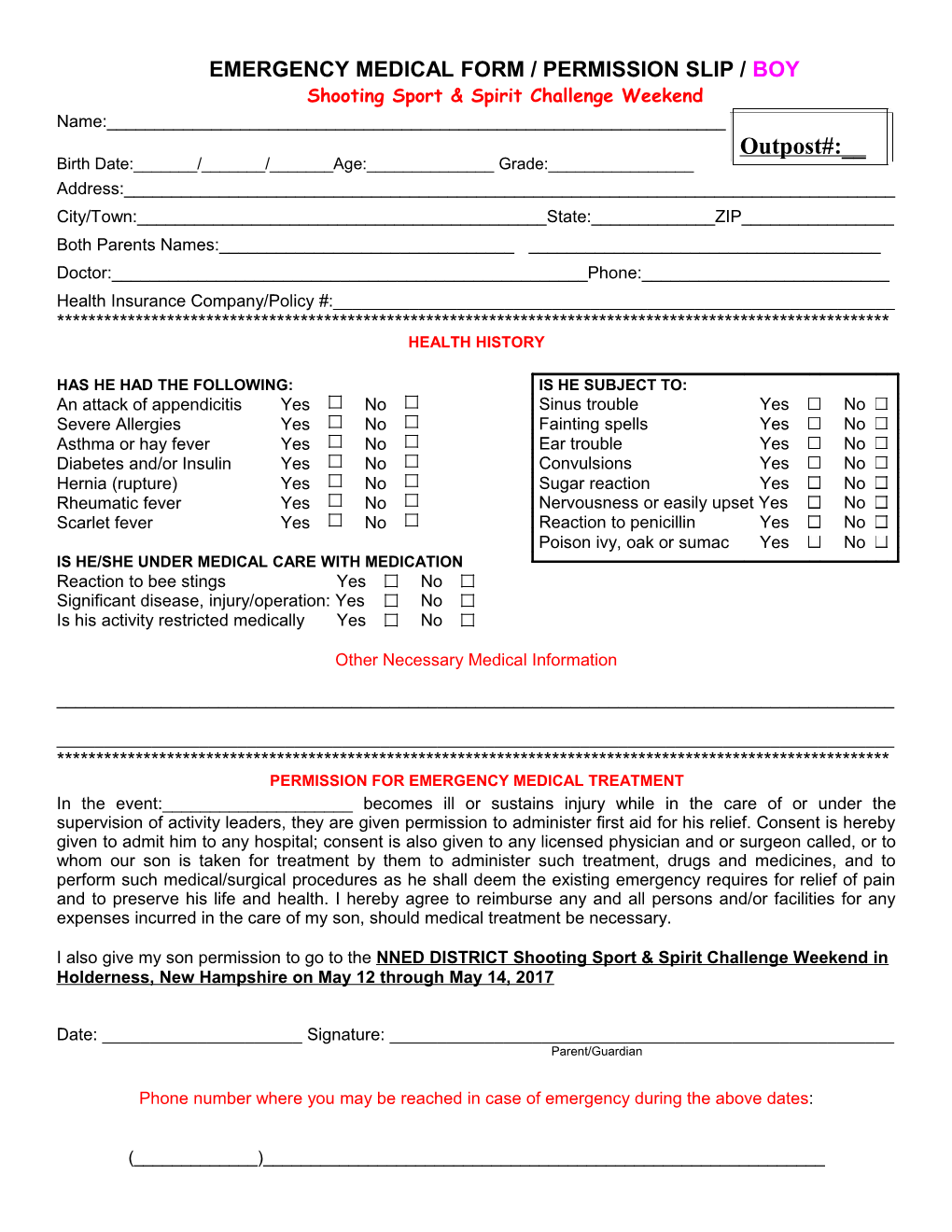 Emergency Medical Form / Permission Slip / Boy