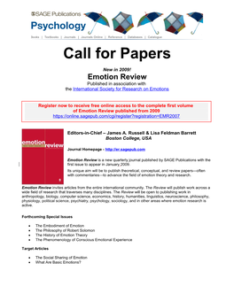Emotion Review Will Focus on Ideas About Emotion, with Emotion Broadly Defined