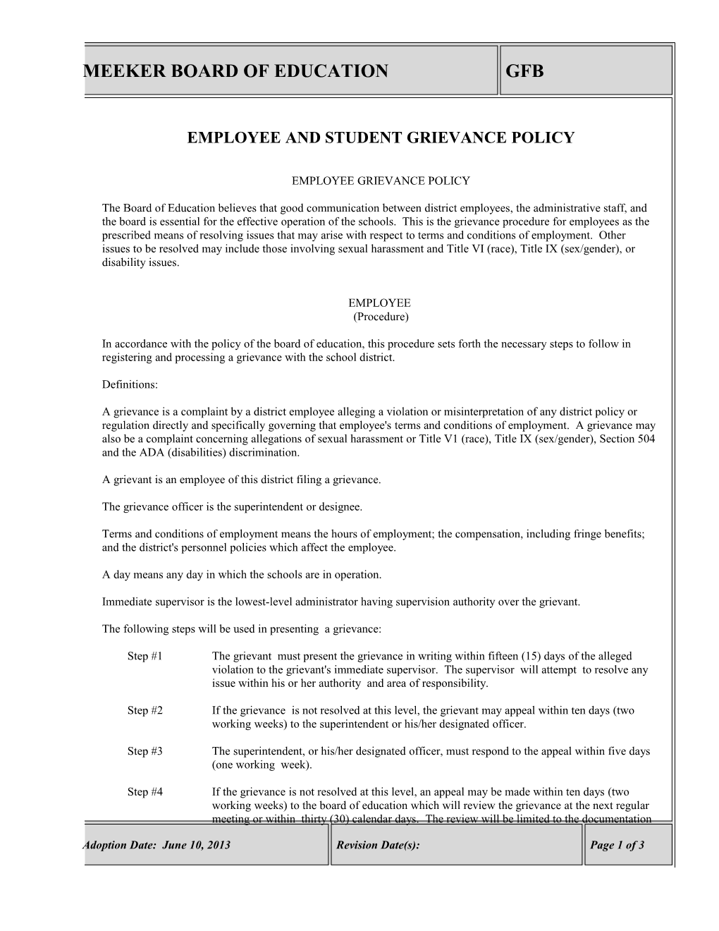 Employee and Student Grievance Policy
